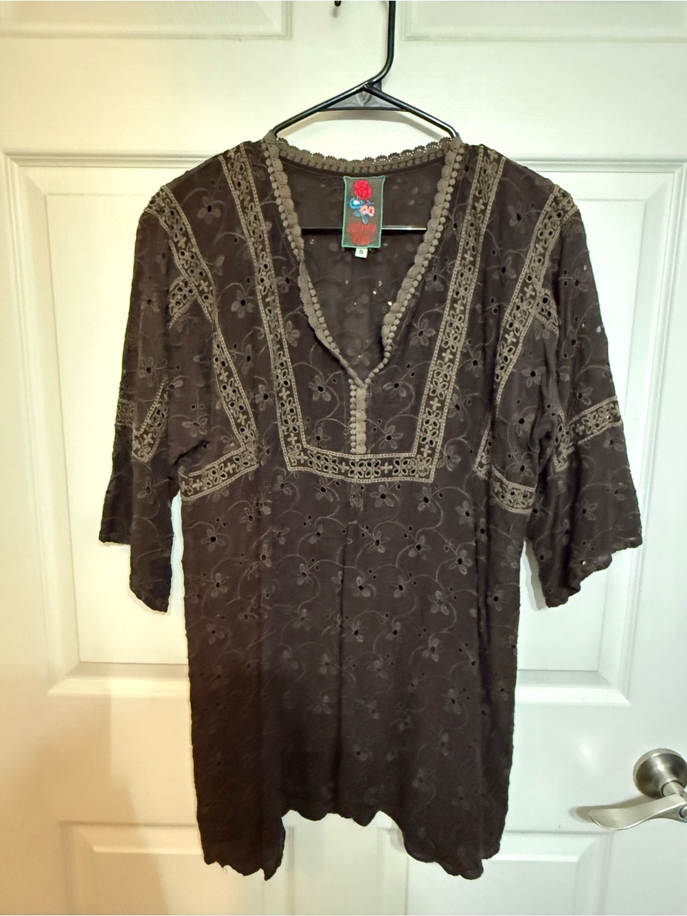 Johnny Was embroidered floral label with red and blue accents